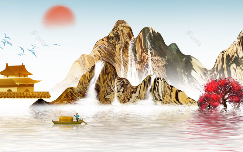 中国风手绘唯美风景山水插画背景设计,插画/手绘图,插画/手绘图库,插画/手绘图下载,插画/手绘